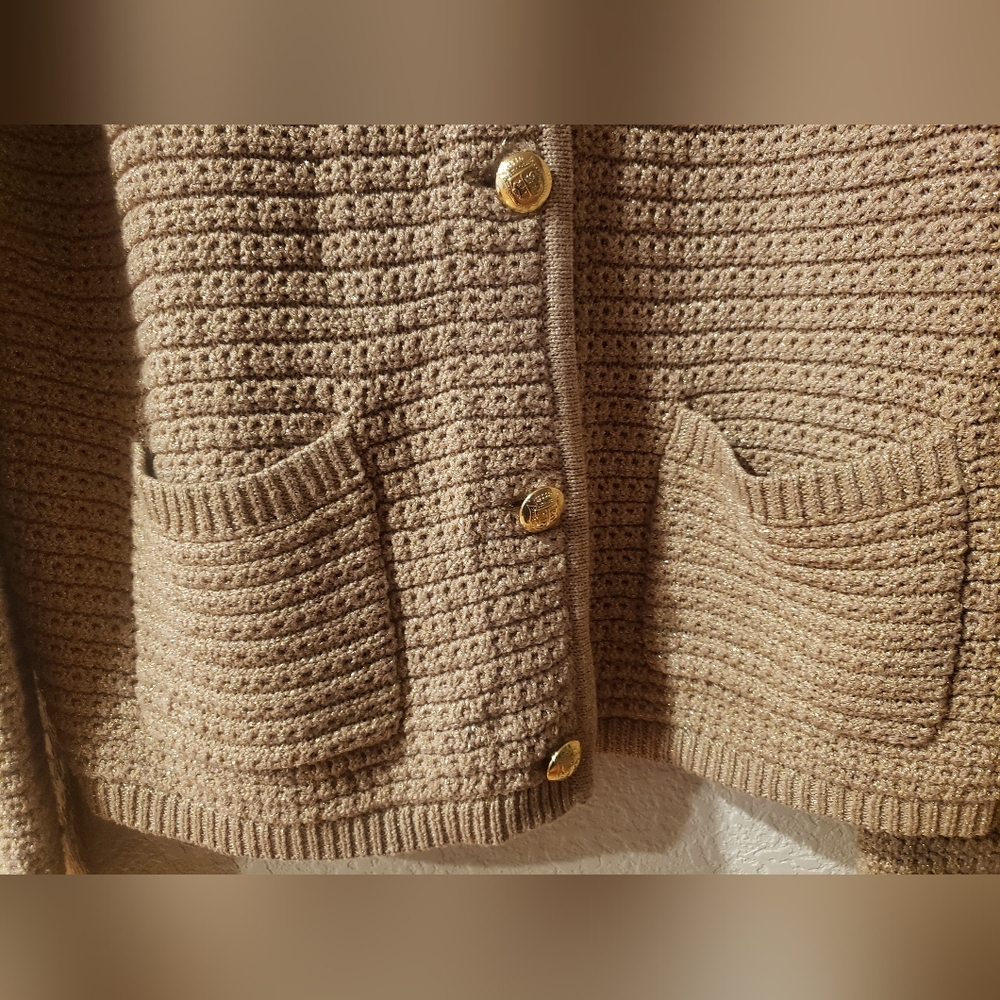 Talbots Tan Crochet Knit Cardigan with Gold Buttons - Picture 4 of 5